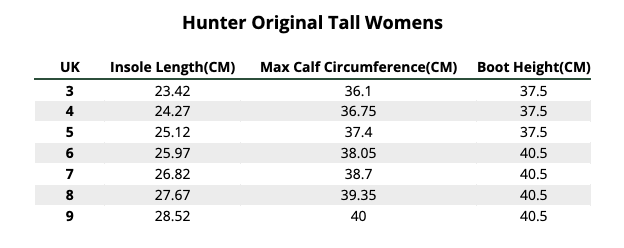 2026 Hunter Womens Original Tall  Size Chart